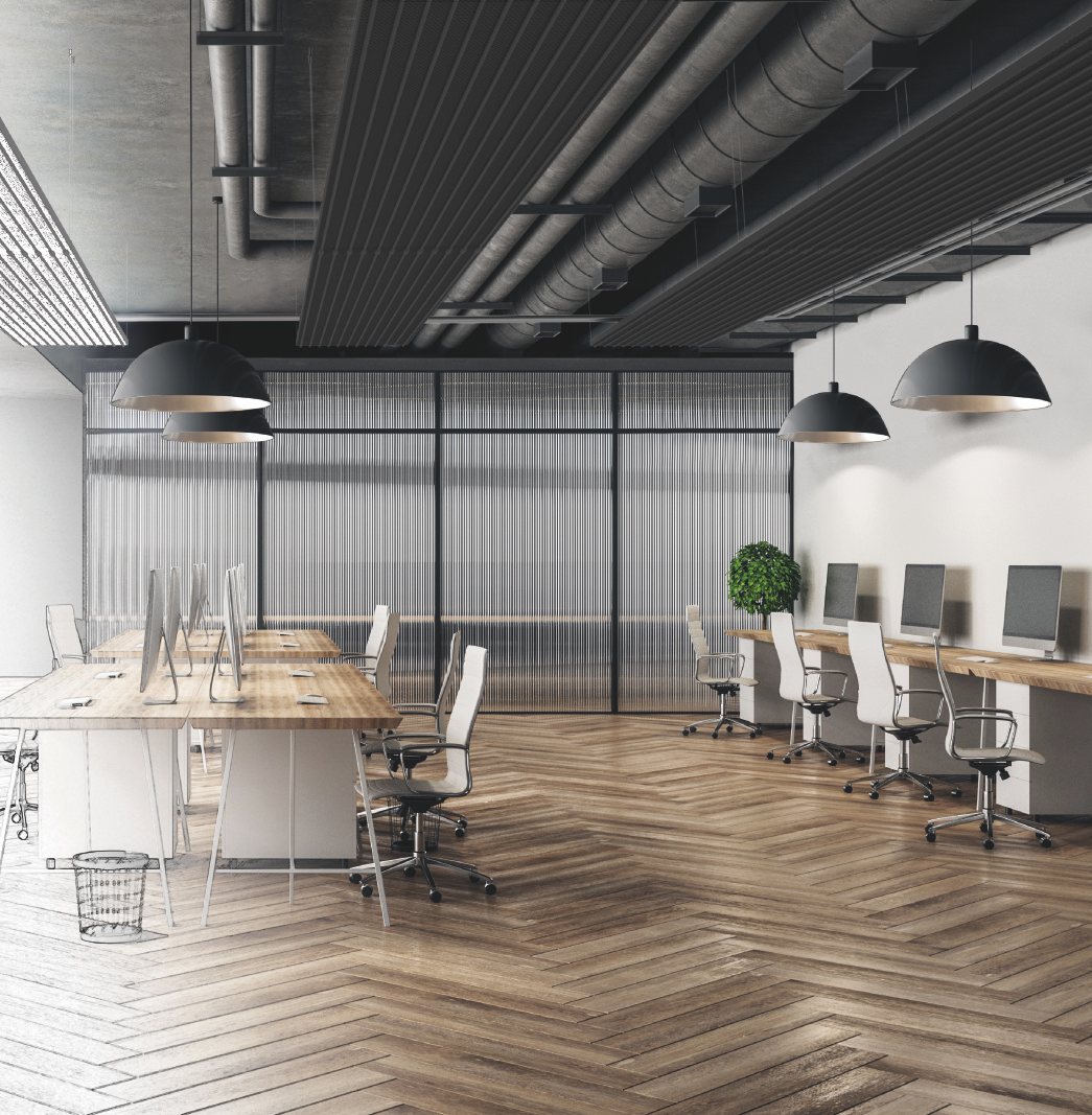 Modern hand drawn meeting room office interior with city view and daylight. Architecture and engineering concept. 3D Rendering